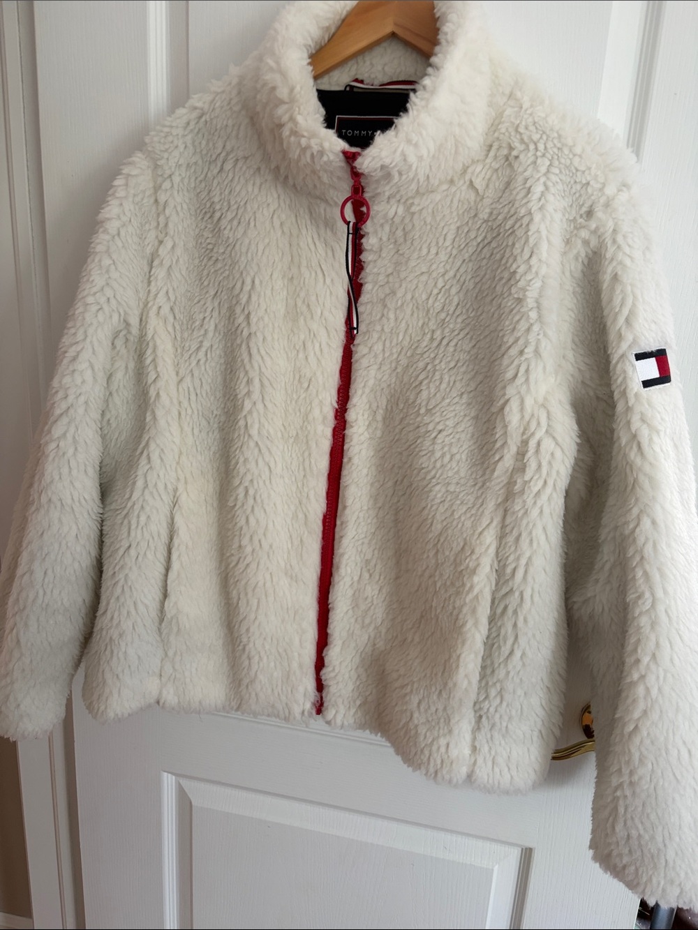 Tommy Hilfiger White Teddy Jacket with Red Zip Trim